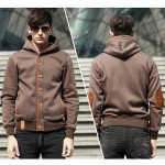 Men Fleece Elbow Patch Hooded Single Breasted Hoodies Male Casual Sweatshirt Jacket  Spring Autumn Winter Fashion Large size 3XL