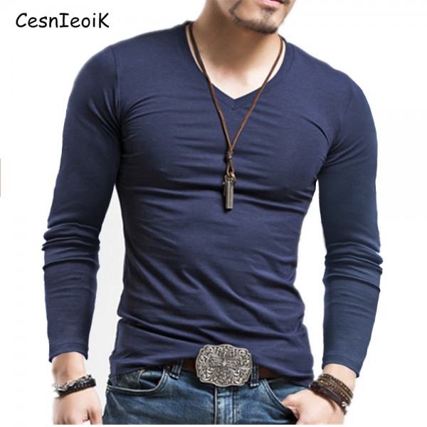 Men's Tops Tees 2017 summer new v neck Long sleeve t shirt men fashion trends fitness tshirt