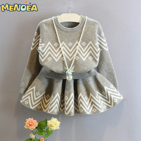 Menoea 2017 Winter Girls Dress Geometric Pattern Dress Long Sleeve Girls Clothes Top Coat+ Tutu Dress Sweater Knitwear 2pcs