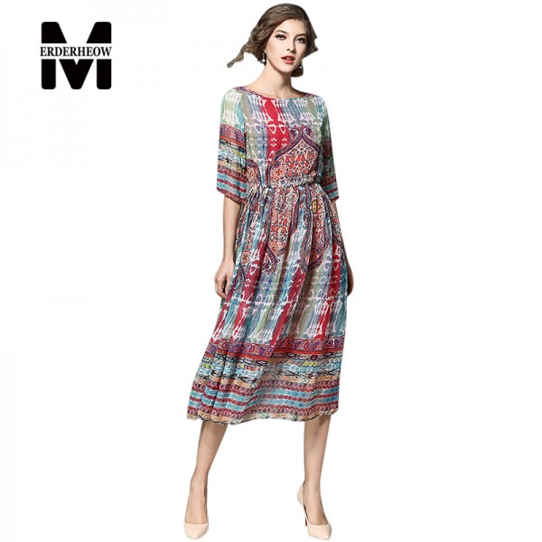 Merderheow New Europe 2017 Spring Women's Chiffon Print Cute Long Dresses Femme Casual Clothing Women Slim Sexy Dresses J052