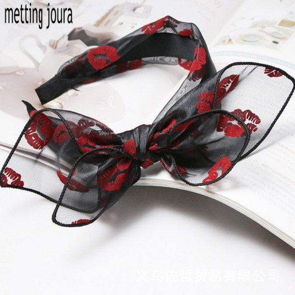 Metting Joura Bohemian Vintage Punk Red Lip Print Lace Big Double Bow Wide Headband Hairband Hair Accessories