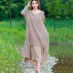 Mferlier Spring Autumn Dress Loose Long Sleeve Cotton Linen Long Dress for Women O Neck Long Sleeve Maxi Dress