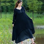 Mferlier Spring Autumn Dress Loose Long Sleeve Cotton Linen Long Dress for Women O Neck Long Sleeve Maxi Dress