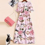 Midi Dress High Quality Sicily Fashion Daily Women Elegant 2017 Summer Short Sleeve Flower Embroidery Fishes Printed Pink Dress