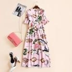 Midi Dress High Quality Sicily Fashion Daily Women Elegant 2017 Summer Short Sleeve Flower Embroidery Fishes Printed Pink Dress