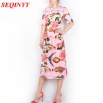 Midi Dress High Quality Sicily Fashion Daily Women Elegant 2017 Summer Short Sleeve Flower Embroidery Fishes Printed Pink Dress