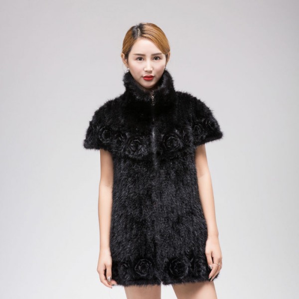 Mink knitted coat  The real fur knitted jacket Stylish Lapel bat sleeve  A woman with flowers in winter warm clothing L-4XL