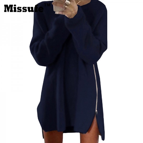 Missufe Casual Side Zipper Sweater Dress Sexy Mini Vestidos O Neck Loose Knitted Party Women's Dresses 2017 Spring