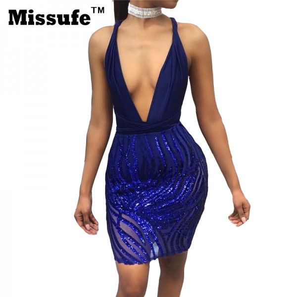 Missufe Sexy Backless Bodycon Sequin Dress For Women Vestidos Ukriane 2017 Halter 2 Pieces Bandage Summer Party Women's Dresses