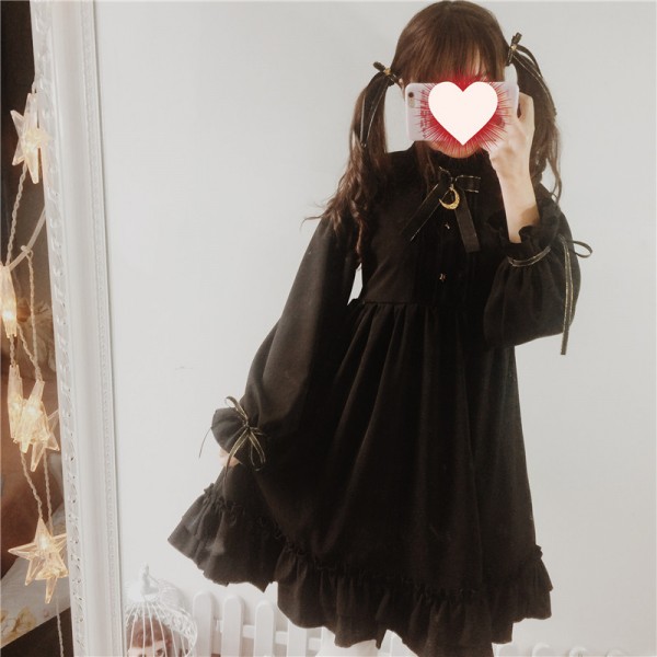 Moonlight Castle Cute Women's Color Black Gothic Lolita Dress Ribbon Bow Thick Chiffon Round Collar Dolly Dress One Piece