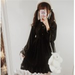 Moonlight Castle Cute Women's Color Black Gothic Lolita Dress Ribbon Bow Thick Chiffon Round Collar Dolly Dress One Piece