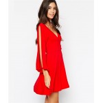 Mosoga Spring Summer Womans Clothing New Style Sexy Deep V-neck Split Full Sleeve Mini Party Dress Black Red Empire A-line Dress