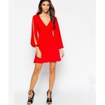 Mosoga Spring Summer Womans Clothing New Style Sexy Deep V-neck Split Full Sleeve Mini Party Dress Black Red Empire A-line Dress