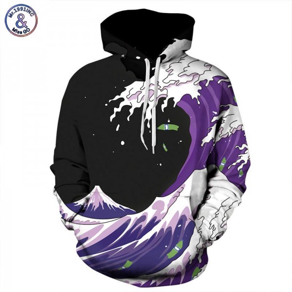 Mr.1991INC Autumn Winter Fashion Men/Women Hoodies Hooded With Hat Print Sea Waves Thin Style 3d Sweatshirts