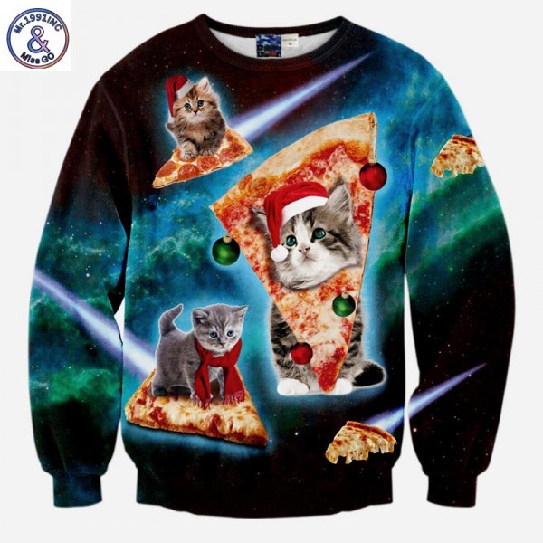 Mr.1991INC Hot Sell Men/Women Hoodies Plus Velvet Long Sleeve Male Fleece Sweatshirt Tracksuit Tops Print Pizza Cat Hoodies