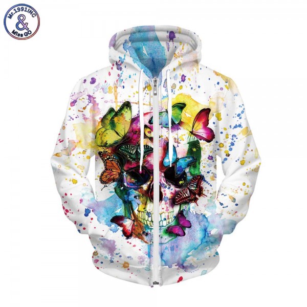 Mr.1991INC Men/women Hooded Hoodies 3d Print Butterfly Skulls Autumn Winter Fleece Zipper Sweatshirts With Cap Outer Hoody Tops