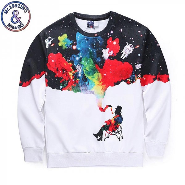 Mr.1991INC New Arrival Men/women 3d Sweatshirts Funny Print Smoking Person Colroful Smoke Space Galaxy Thin Casual Hoodies