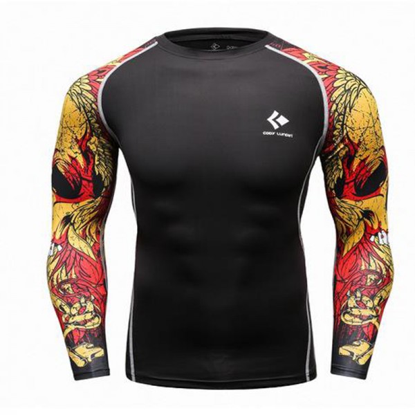 Muscle Men Compression Tight T-shirt Long Sleeves Double Sides Prints MMA Rashguard Fitness Base Layer Weight Lifting Wear