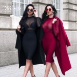 Must Have Free Shipping! Stunning Twins Laura & Klaudia Mesh Long Sleeves Patchwork Club Celebrity Party Bandage Dress