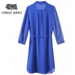 NAKED ZEBRA Women Chiffon Dress Summer  With Buttons Knee-Length With Belt Pure Color Long Sleeve Lady Shirts Neckline Dress