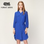 NAKED ZEBRA Women Chiffon Dress Summer  With Buttons Knee-Length With Belt Pure Color Long Sleeve Lady Shirts Neckline Dress