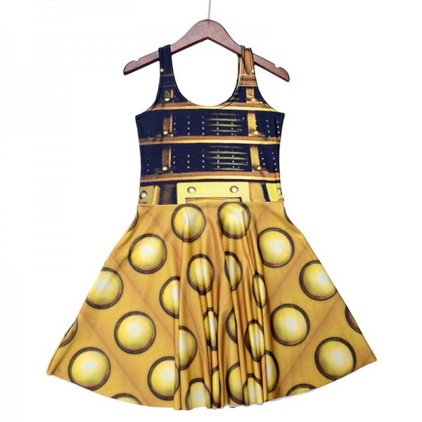 NEW 1196 Sexy Girl Women Summer Doctor Who Golden The Daleks tardis 3D Digital Prints Reversible Sleeveless Skater Pleated Dress