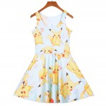 NEW 1258 Sexy Girl Women Summer Cartoon Pocket Monster Pokemon Pikachu 3D Prints Reversible Sleeveless Skater Pleated Dress