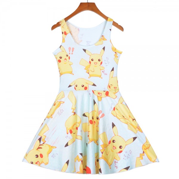 NEW 1258 Sexy Girl Women Summer Cartoon Pocket Monster Pokemon Pikachu 3D Prints Reversible Sleeveless Skater Pleated Dress