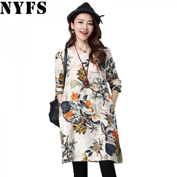 NYFS 2018 Spring Autumn Long Sleeve Women Dress Large Size Vintage Casual Loose Cotton Linen Dress Vestidos Robe Dresses Elbise 