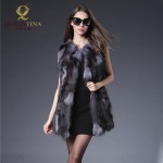 Natural Real Fox Fur Coat Genuine Black Colors Fox Medium Fur Waistcoat Russian Winter Long Fox Fur Vest Free Shipping  QS-90