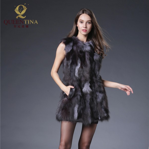 Natural Real Fox Fur Coat Genuine Black Colors Fox Medium Fur Waistcoat Russian Winter Long Fox Fur Vest Free Shipping  QS-90