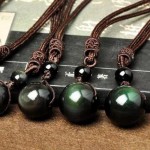 Natural Stone Pendant Necklace Black Obsidian Rainbow Eye Beads Ball Transfer Lucky Love Crystal Jewelry With Free Rope