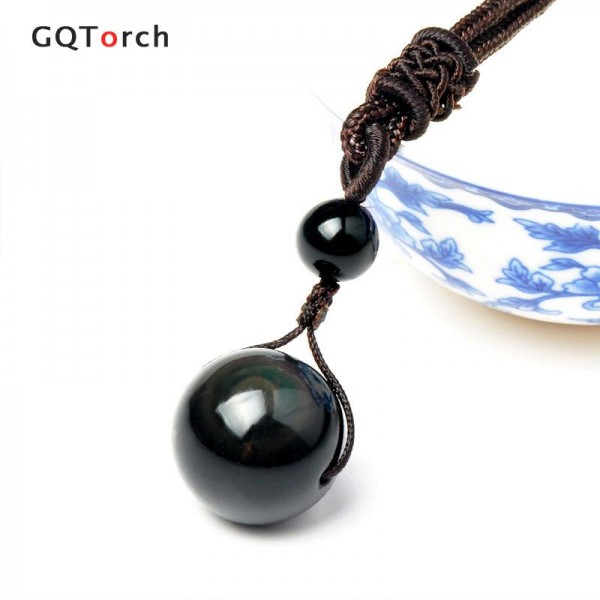 Natural Stone Pendant Necklace Black Obsidian Rainbow Eye Beads Ball Transfer Lucky Love Crystal Jewelry With Free Rope