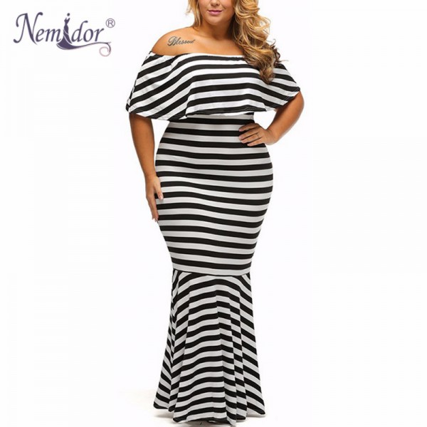 Nemidor 2017 Women Sexy Off The Shoulder Striped Long Dress Casual Slash Neck Ruffles Ankle-length Mermaid Dress