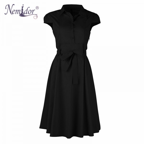 Nemidor 2017 Women Summer Vintage Turn-down Collar Retro Swing Dresses Short Sleeve Midi Party A-line Casual Dress