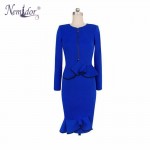 Nemidor 2018 Women Casual Plus size Elegant Blue Midi Dress Retro Bodycon Long Sleeve Solid Mermaid Dress