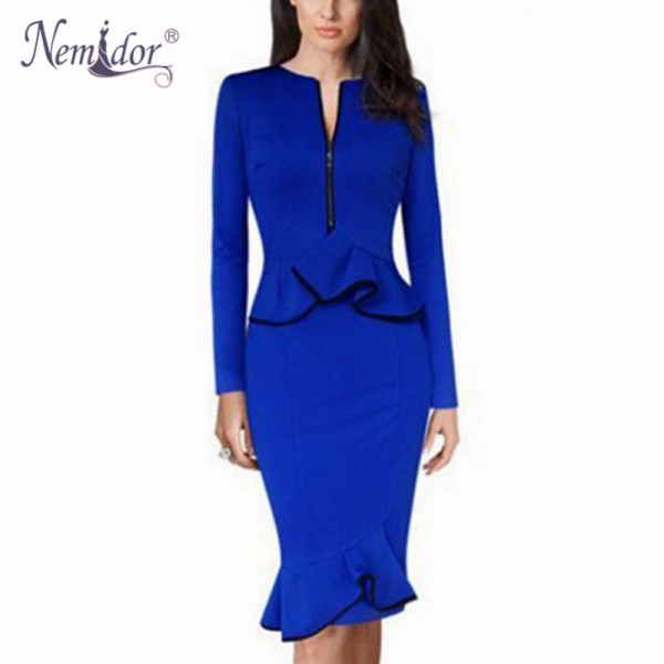 Nemidor 2018 Women Casual Plus size Elegant Blue Midi Dress Retro Bodycon Long Sleeve Solid Mermaid Dress