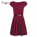 Nemidor 2018 Women Elegant V-neck Solid Retro Mini Dresses Casual Short Sleeve Belted Party Swing Dress