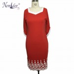 Nemidor Women 3/4 Sleeve Slim Square Collar Casual Plus Size Dress Elegant Crochet Patchwork Midi Party Vintage Dress