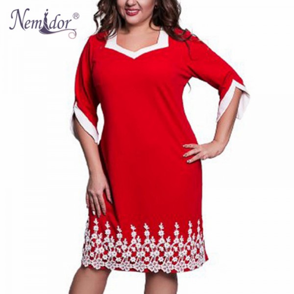 Nemidor Women 3/4 Sleeve Slim Square Collar Casual Plus Size Dress Elegant Crochet Patchwork Midi Party Vintage Dress