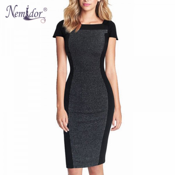 Nemidor Women Casual S-2XL Midi Formal Dress Short Sleeve Business Dresses Sexy Bodycon Patchwork Office Dress