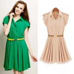 New 2014 Fashion Women Summer Spring Dress Lapel Single Breasted Tunic Chiffon Casual Dress Green Pink S/M/L/XL Free Shipping