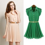 New 2014 Fashion Women Summer Spring Dress Lapel Single Breasted Tunic Chiffon Casual Dress Green Pink S/M/L/XL Free Shipping