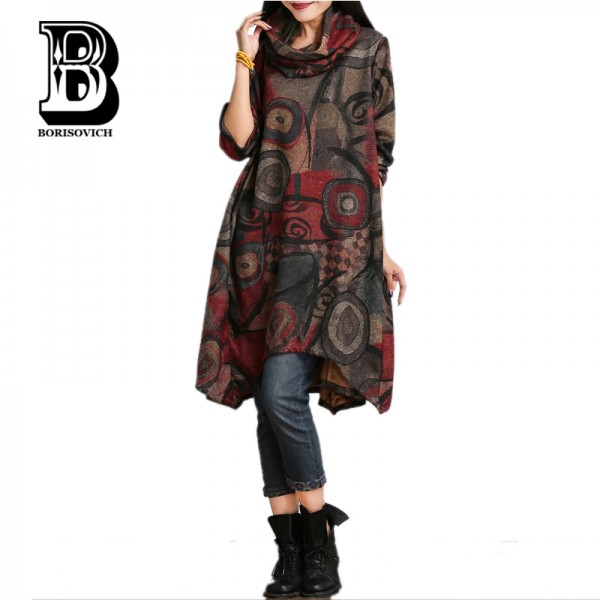 New 2016 Autumn And Winter Fashion National Style Vintage Print Long Sleeve Loose Comfortable Women Casual Dress Plus Size H393