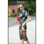 New 2016 Designer Runway Summer style Sheath Dress High Quality Women's Short sleeve Vintage Print Slim Sexy Knee Length Dress