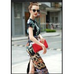 New 2016 Designer Runway Summer style Sheath Dress High Quality Women's Short sleeve Vintage Print Slim Sexy Knee Length Dress