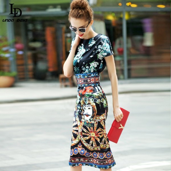 New 2016 Designer Runway Summer style Sheath Dress High Quality Women's Short sleeve Vintage Print Slim Sexy Knee Length Dress