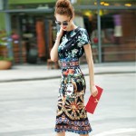 New 2016 Designer Runway Summer style Sheath Dress High Quality Women's Short sleeve Vintage Print Slim Sexy Knee Length Dress