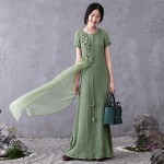 New 2016 Summer Women Cotton Linen loose long Dress elegant China Style maxi dress embroidery chiffon patchwork longos vestidos