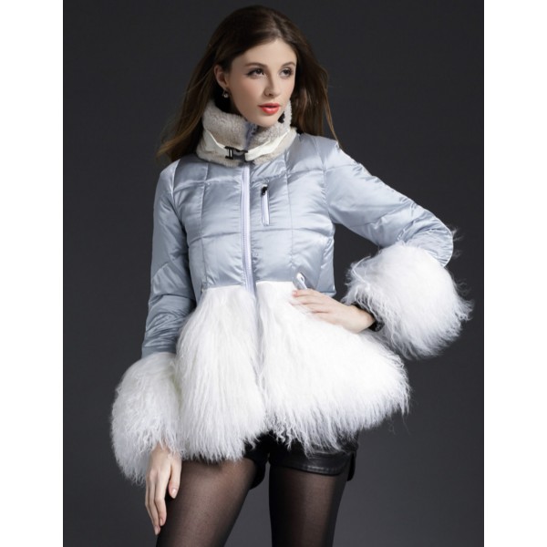 New 2016 Winter Luxury Nature Sheep Fur Women Parka Short Duck Down Thick Jacket Female Coats High Quality Silvery Black Color